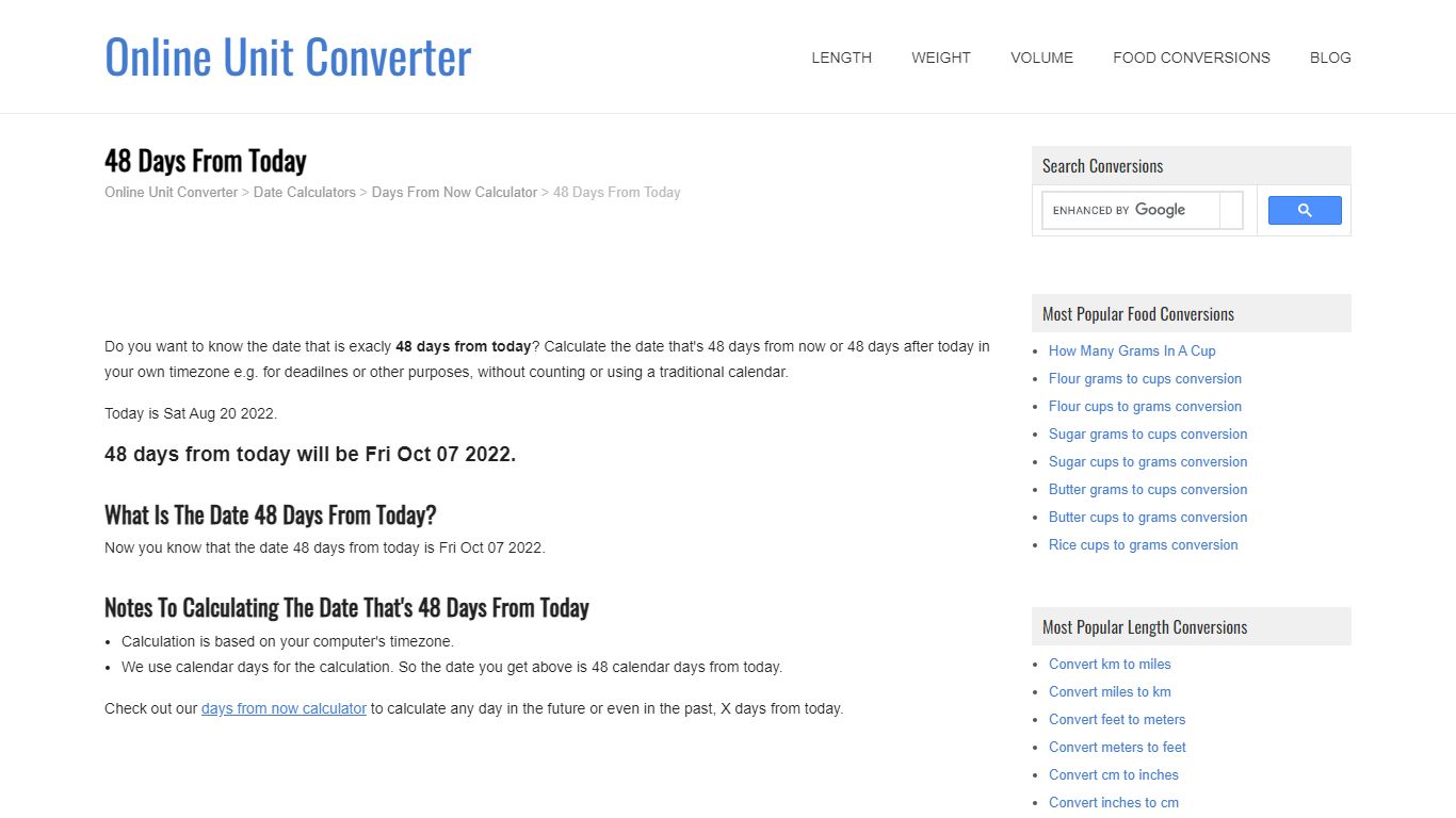 48 Days From Today - Online Unit Converter